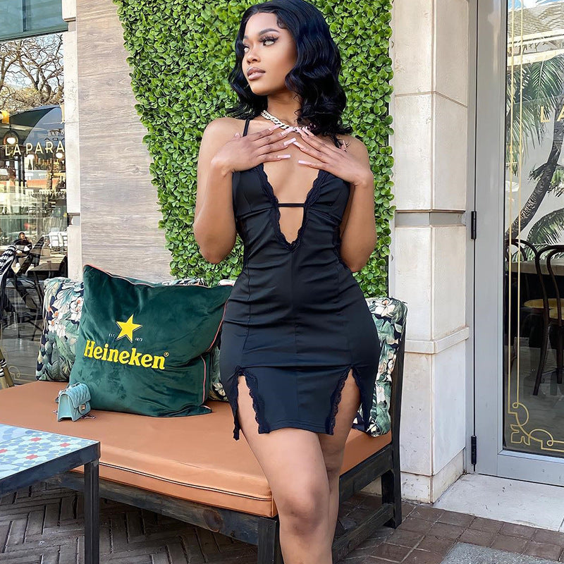 Hollow-out Camisole Lace Patchwork Slit Sheath Dress