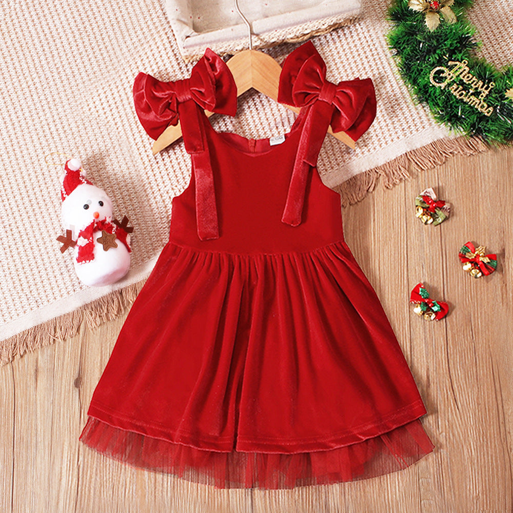 Girls' Christmas Bow Suspenders Bud Skirt Dress