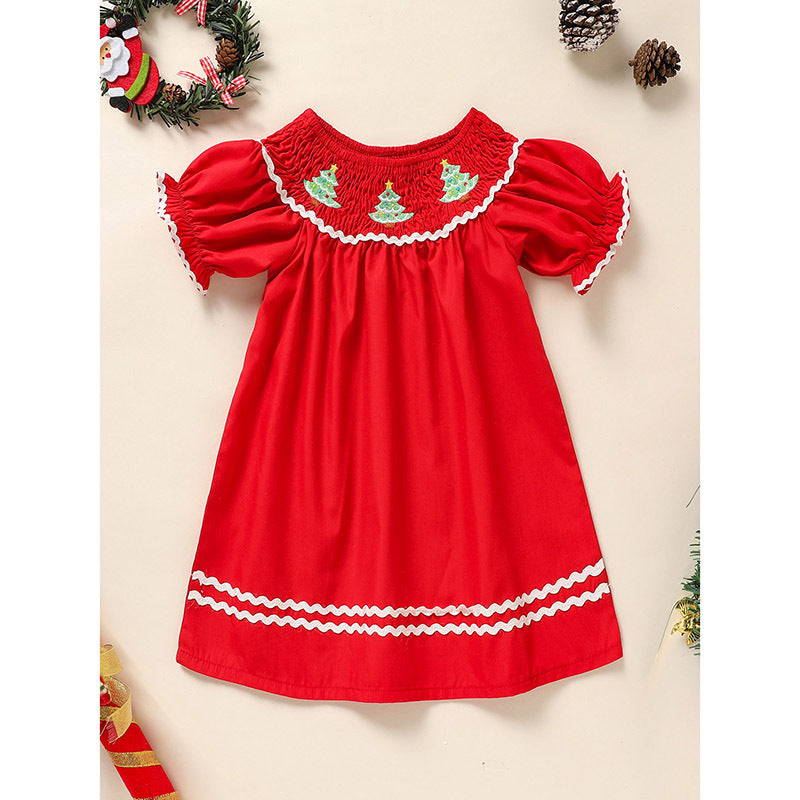 Toddler Infant Girl Christmas Dress Smocked Christmas Tree Embroidery Short Sleeve Princess Party Dress