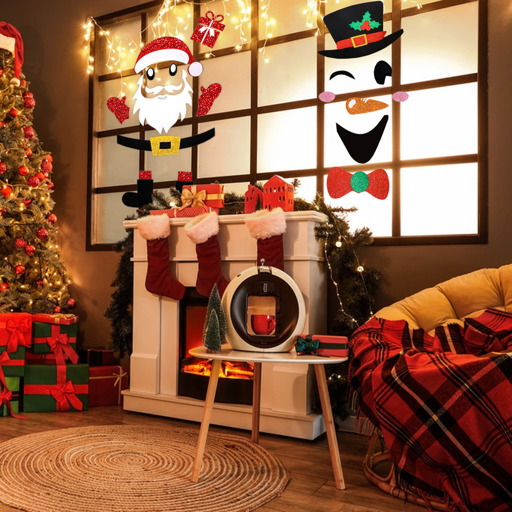 2 Packs Christmas Door Stickers Santa Claus Snowman Cartoon Felt Wall Stickers Xmas Home Refrigerator Garage Door Wall Window Decoration For Christmas New Year Party Supplies