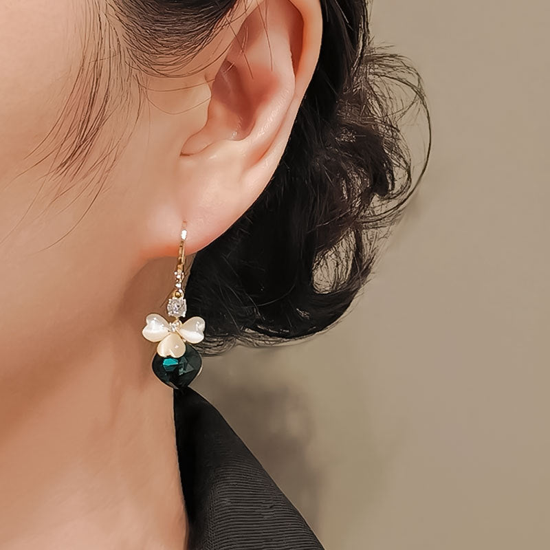 Women's Electroplated Korean Three-leaf Flower Blue Crystal Earrings