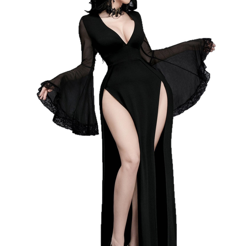 Gothic Dark Split Flare Sleeve Lace Stitching Dress
