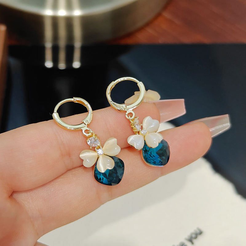 Women's Electroplated Korean Three-leaf Flower Blue Crystal Earrings