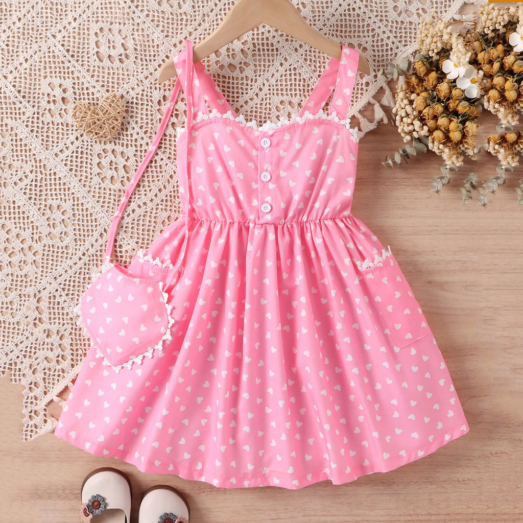 Polyester Children's Heart Printing Stitching Lace Hanging A- Line Skirt