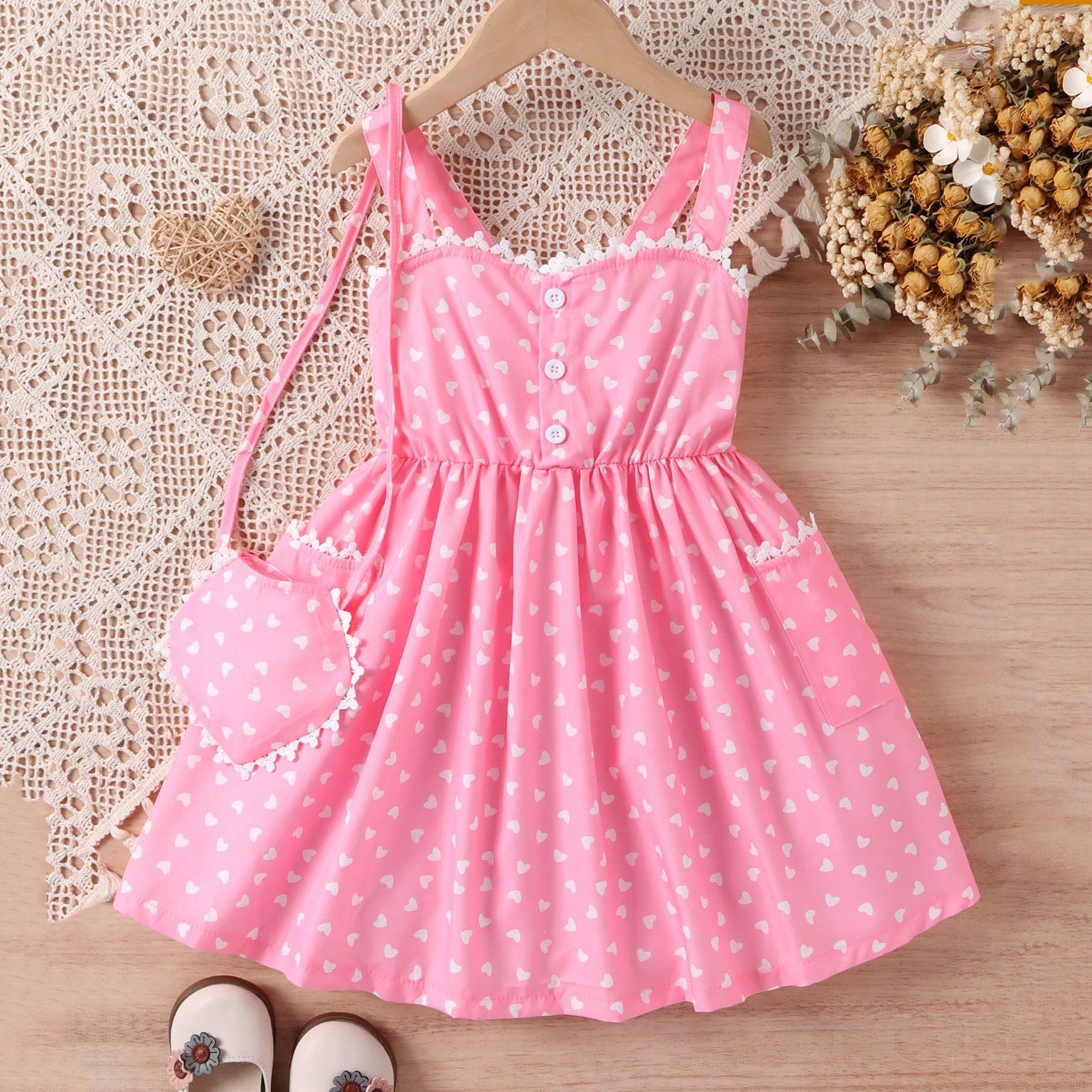 Polyester Children's Heart Printing Stitching Lace Hanging A- Line Skirt