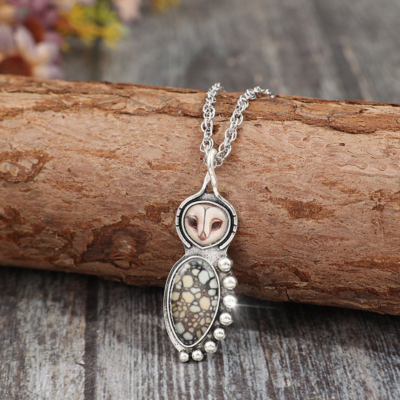 Vintage Animal Owl Pendant With Turquoise Alloy Necklace
