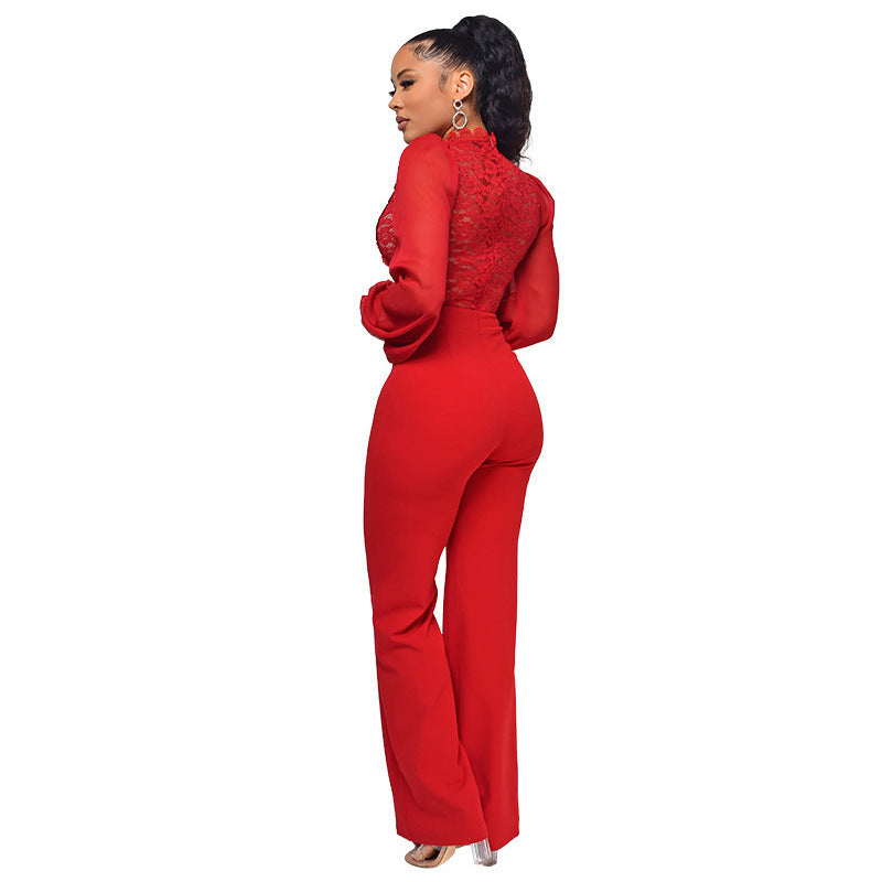 High-waisted Straight-leg Women's High-neck Lace Long-sleeve Jumpsuit