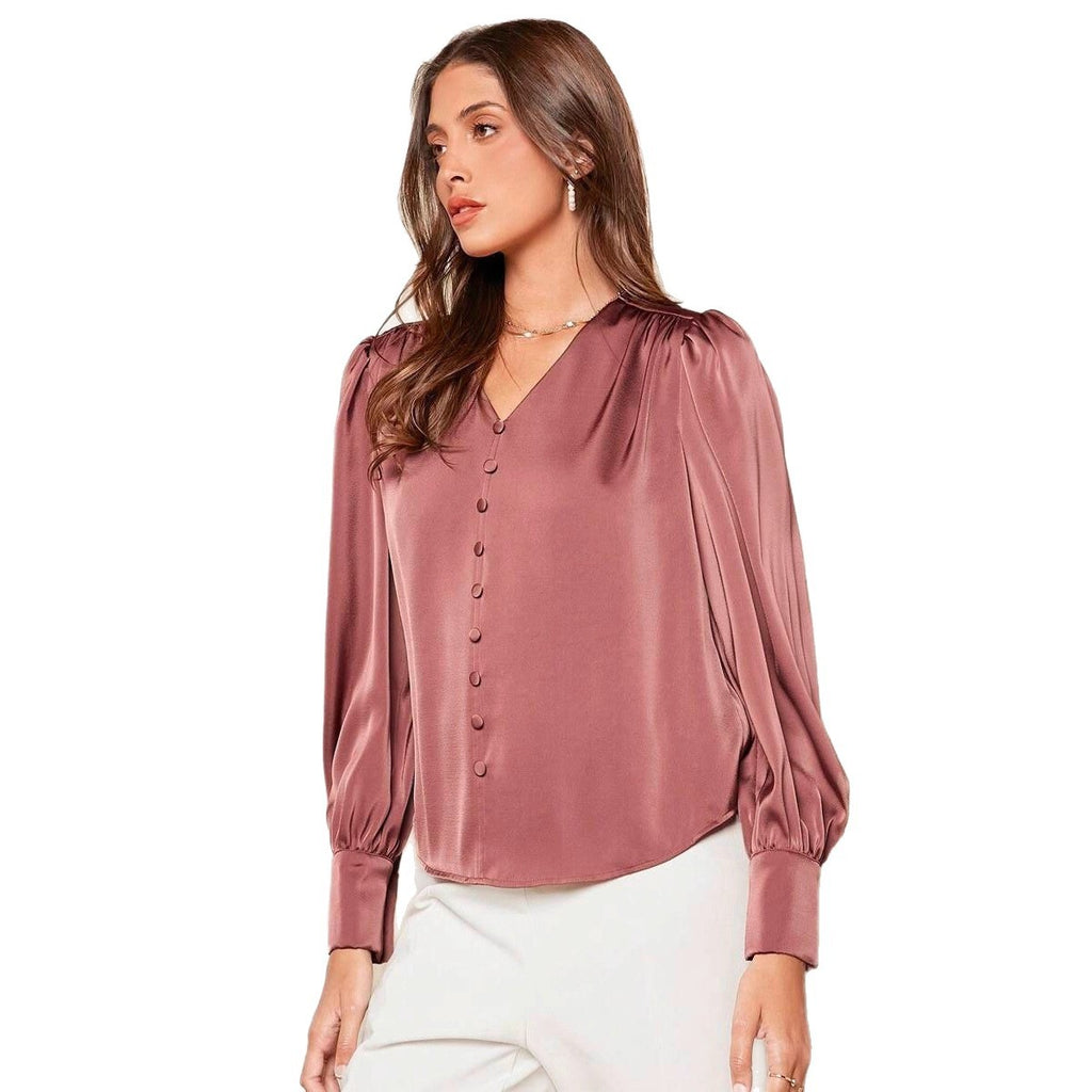 Women's New Casual Satin Button V-neck Long Sleeve Top