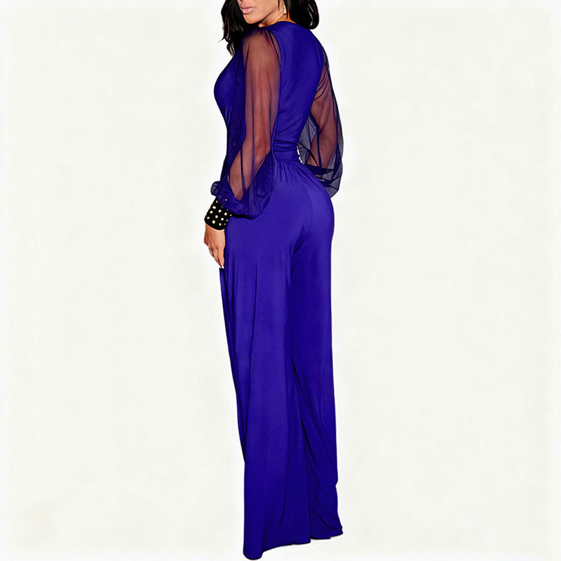 Women's Elegant V Neck Mesh Long Sleeve Loose Wide Leg Romper Party Jumpsuits With Rivet Cuffs