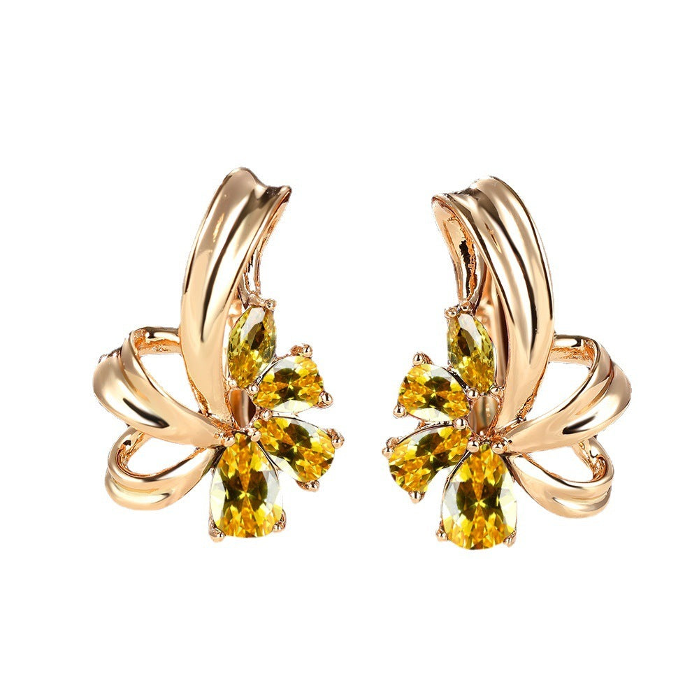 New Champagne Gold Colorful AB Diamond Flower Purple Earrings Female Fashion