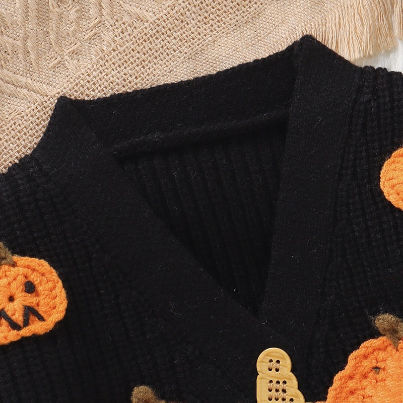Baby Halloween Three-dimensional Pumpkin Pattern Knitted Long-sleeved V-neck Cardigan