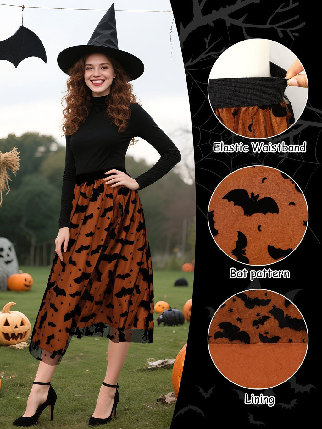 Women's Witchy Tulle Tutu Skirt Halloween Dress Pumpkin Skirt Velvet Bats Elastic Waist Layered Mesh Midi Skirt Witchy Clothes For Halloween Party Size XL Amazon Sales Ban