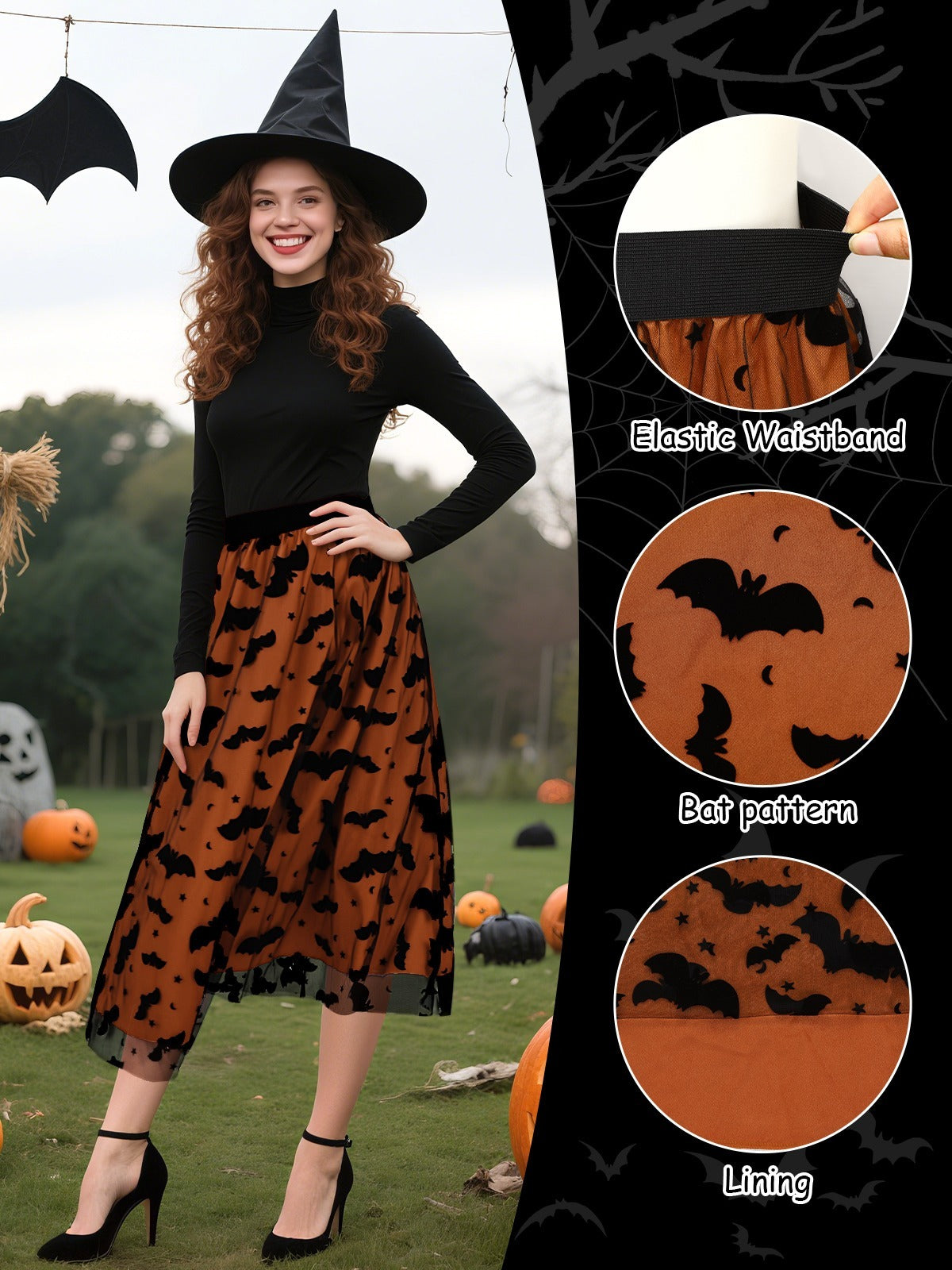Women's Witchy Tulle Tutu Skirt Halloween Dress Pumpkin Skirt Velvet Bats Elastic Waist Layered Mesh Midi Skirt Witchy Clothes For Halloween Party Size XL Amazon Sales Ban