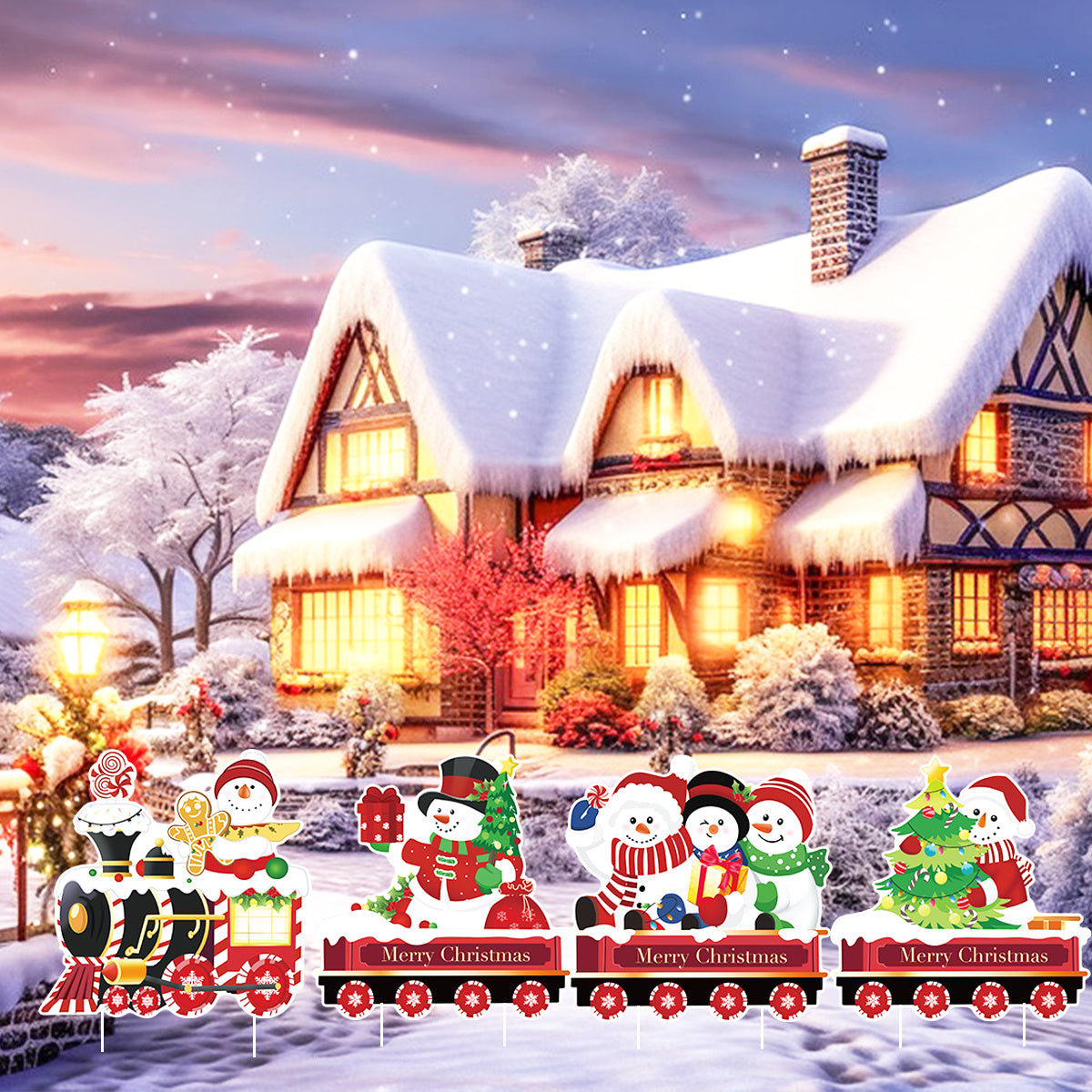 4 Pack Christmas Yard Signs With Plastic Stakes Xmas Train Snowman Christmas Tree Gift Lawn Signs For Yard Fence Garden Lawn Xmas Holiday Outside Decoration Supplies