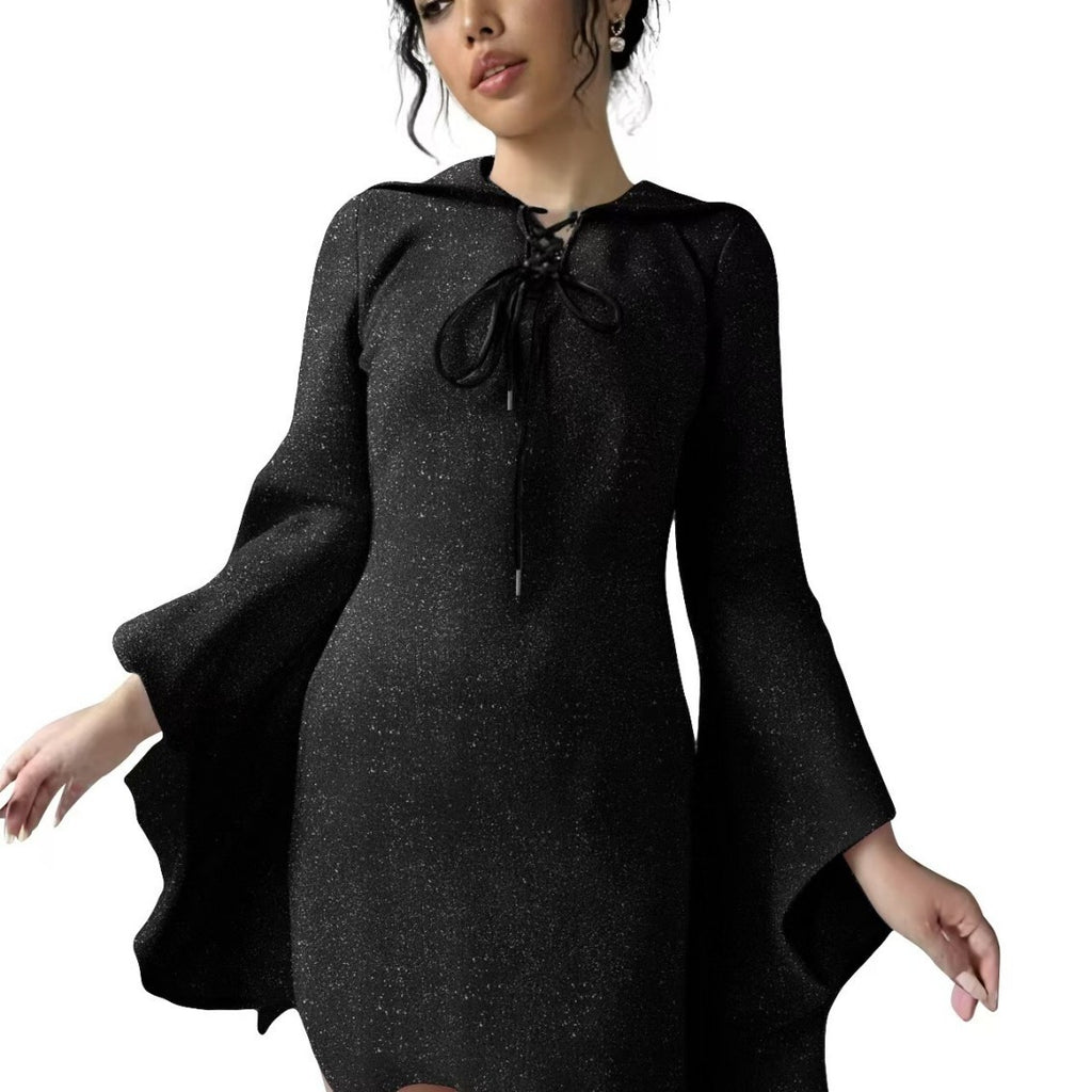 Ghost Face Batwing Sleeve Lace-up V-neck Irregular Shiny Dress