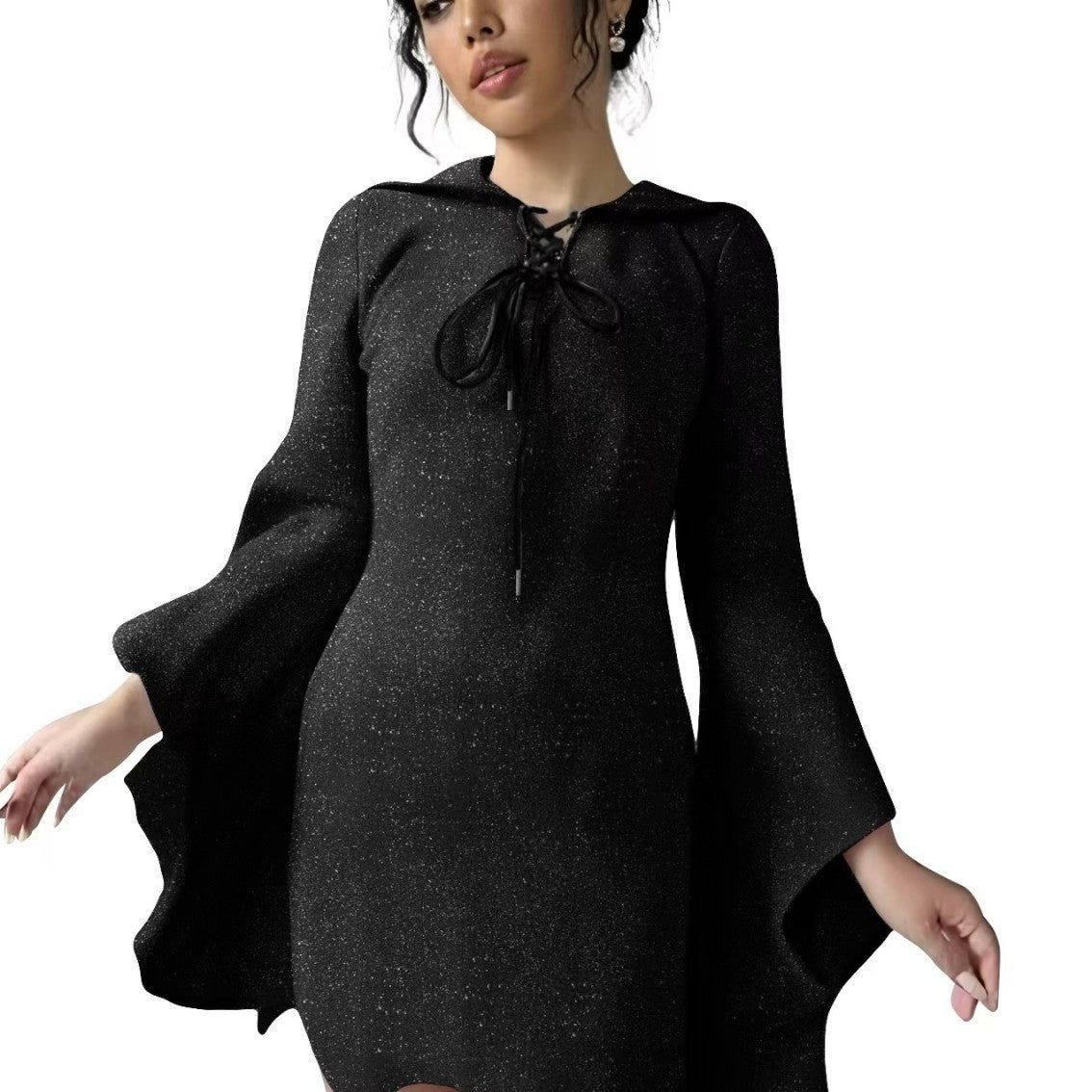 Ghost Face Batwing Sleeve Lace-up V-neck Irregular Shiny Dress