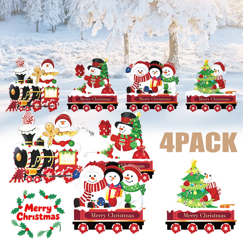 4 Pack Christmas Yard Signs With Plastic Stakes Xmas Train Snowman Christmas Tree Gift Lawn Signs For Yard Fence Garden Lawn Xmas Holiday Outside Decoration Supplies