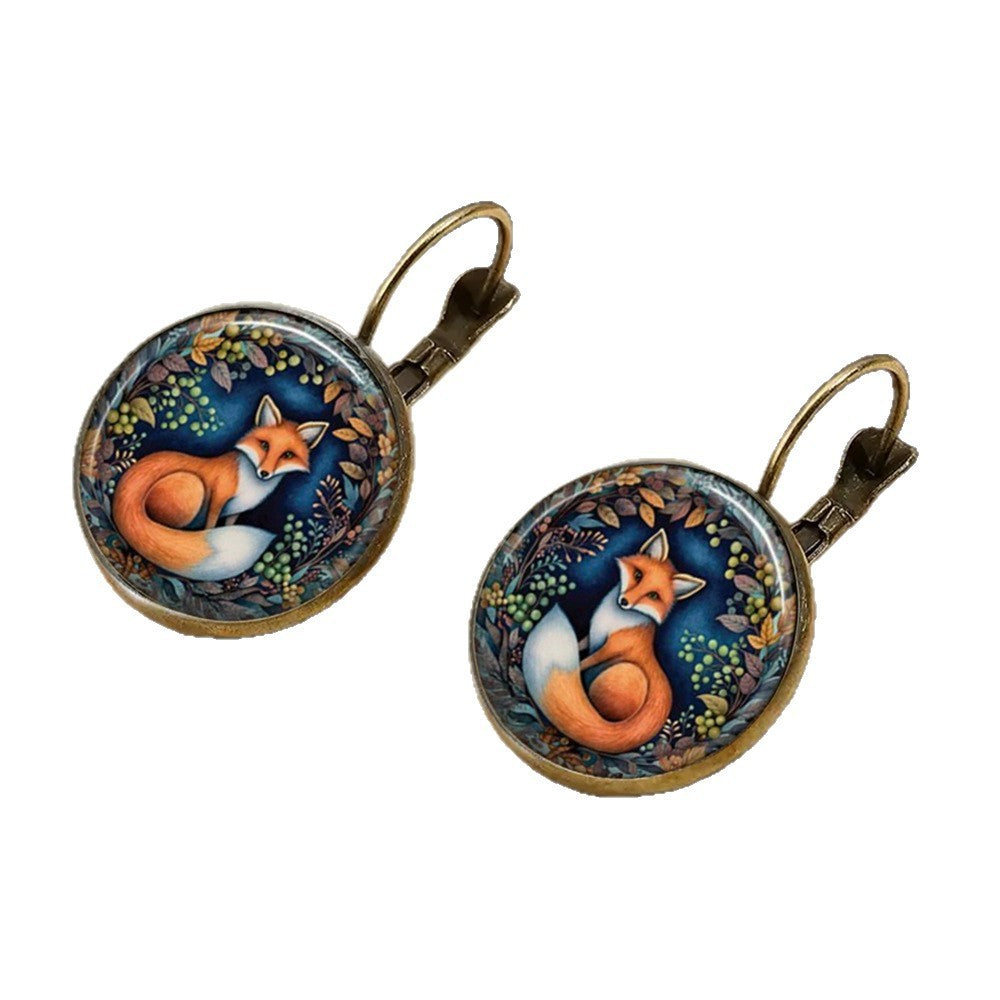 Retro Fox Cat Chicken Time Gem Glass Earrings