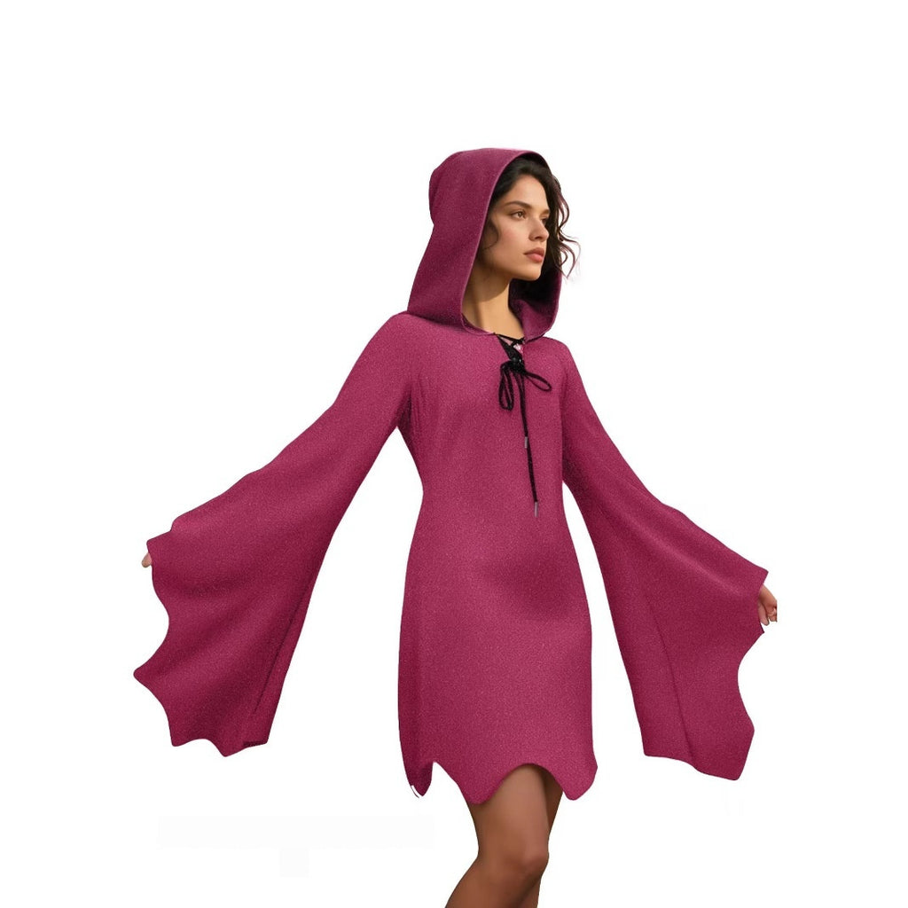 Ghost Face Batwing Sleeve Lace-up V-neck Irregular Shiny Dress