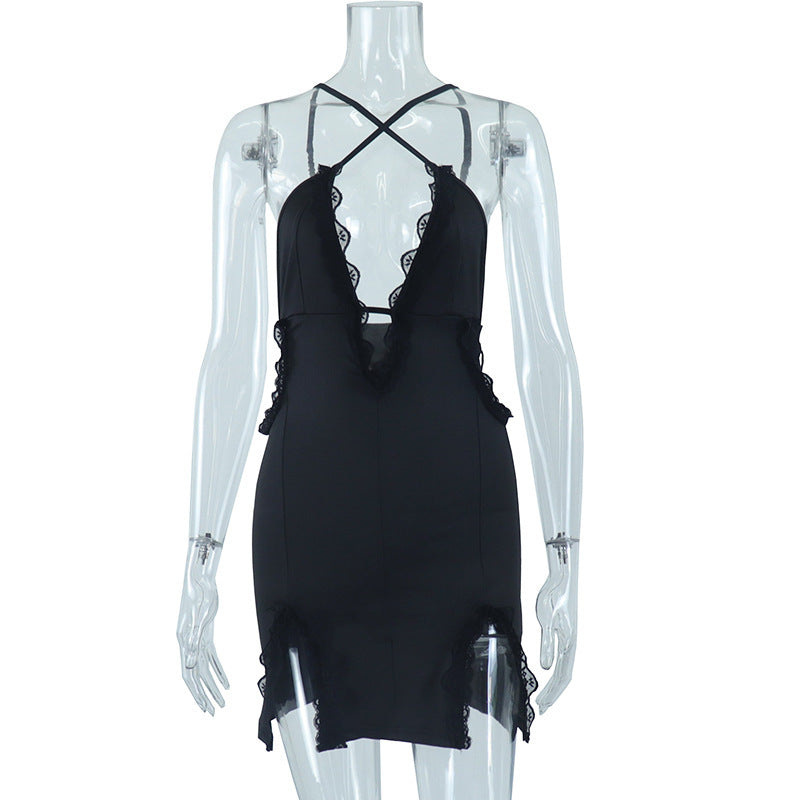 Hollow-out Camisole Lace Patchwork Slit Sheath Dress