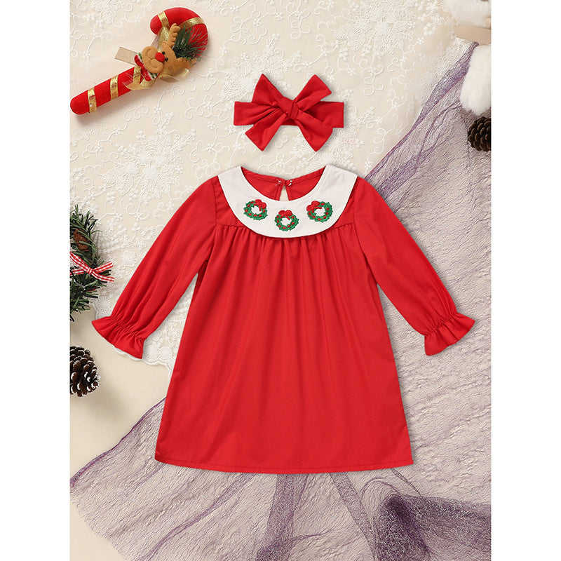 Toddler Kids Baby Girls Christmas Dress Christmas Wreath Embroidered Party Dresses With Headband