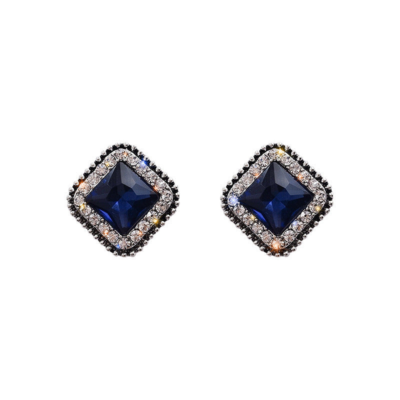 Korean Fashion Blue Diamond Square Minimalist Temperament Personality Square Earrings For Women