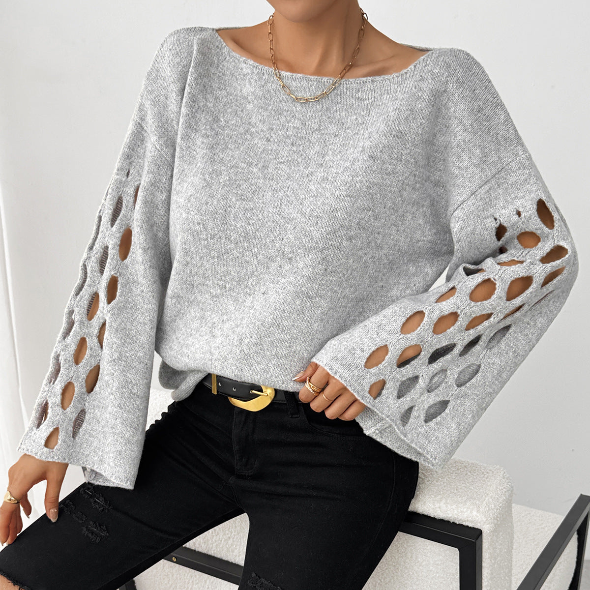 Women's Solid Color Round Neck Long Sleeve Hollow Sweater