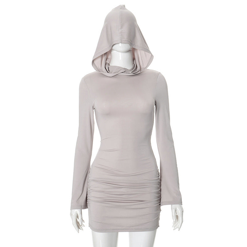 Solid Color Long Sleeve Hooded Pleated Sheath High Waist Short Dress