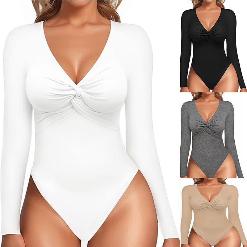 Deep V-neck Knot Slim-fit Long-sleeved Bottoming Women's Tight Jumpsuit