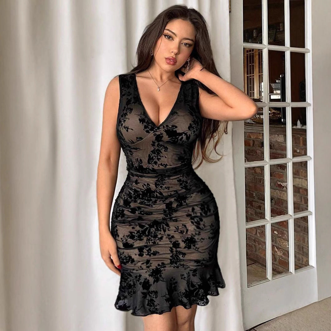 Spring And Summer Flocking Mesh Vest Deep V-neck Sleeveless Dress