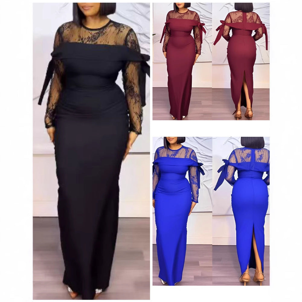 Round Neck Sexy Lace Stitching See-through Sheath Split Dress