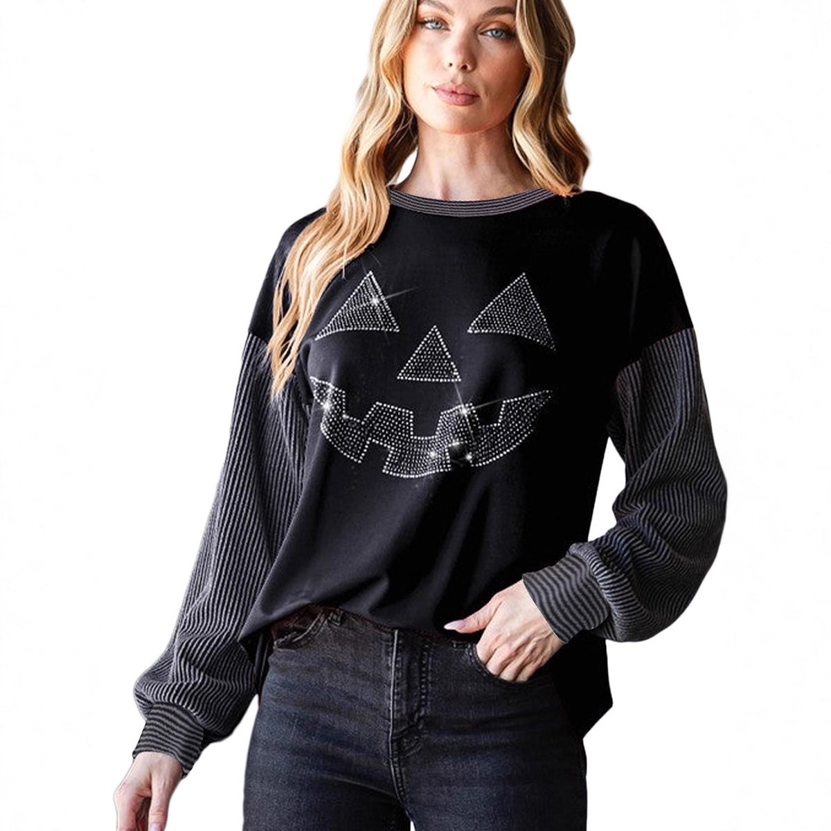 Pullover Crew Neck Personality Trendy Rhinestone Stitching Halloween Sweater
