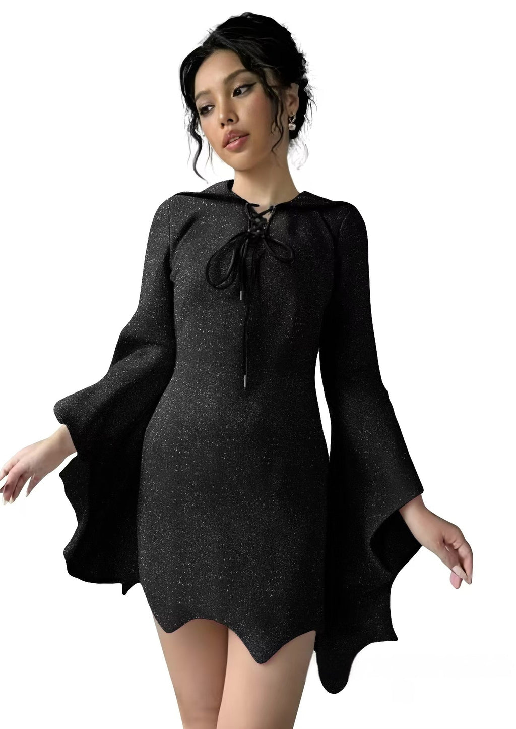 Ghost Face Batwing Sleeve Lace-up V-neck Irregular Shiny Dress