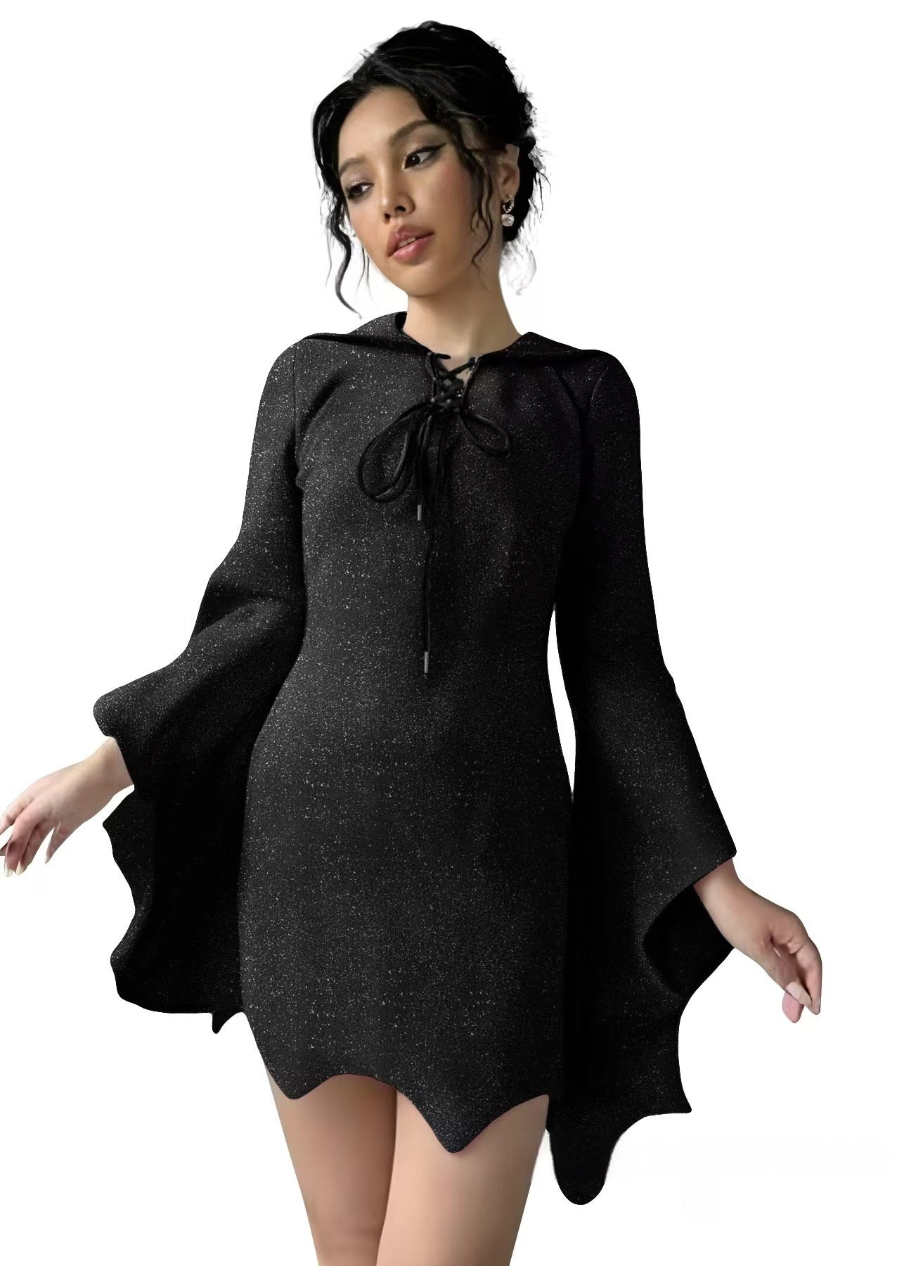 Ghost Face Batwing Sleeve Lace-up V-neck Irregular Shiny Dress