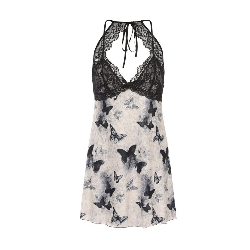 Sweet Butterfly Jacquard Deep V Plus Chest Pad Women's Suspender Nightdress Velvet Outerwear Dress Suit