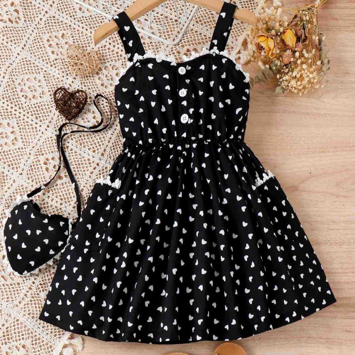 Polyester Children's Heart Printing Stitching Lace Hanging A- Line Skirt