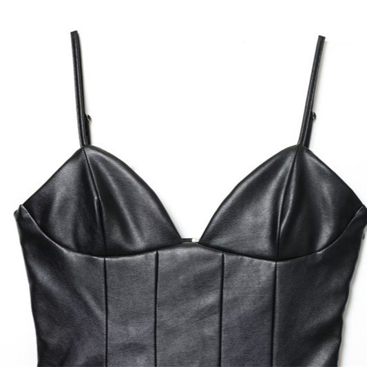 Women's Solid Color Versatile Faux Leather Layered Short Dress