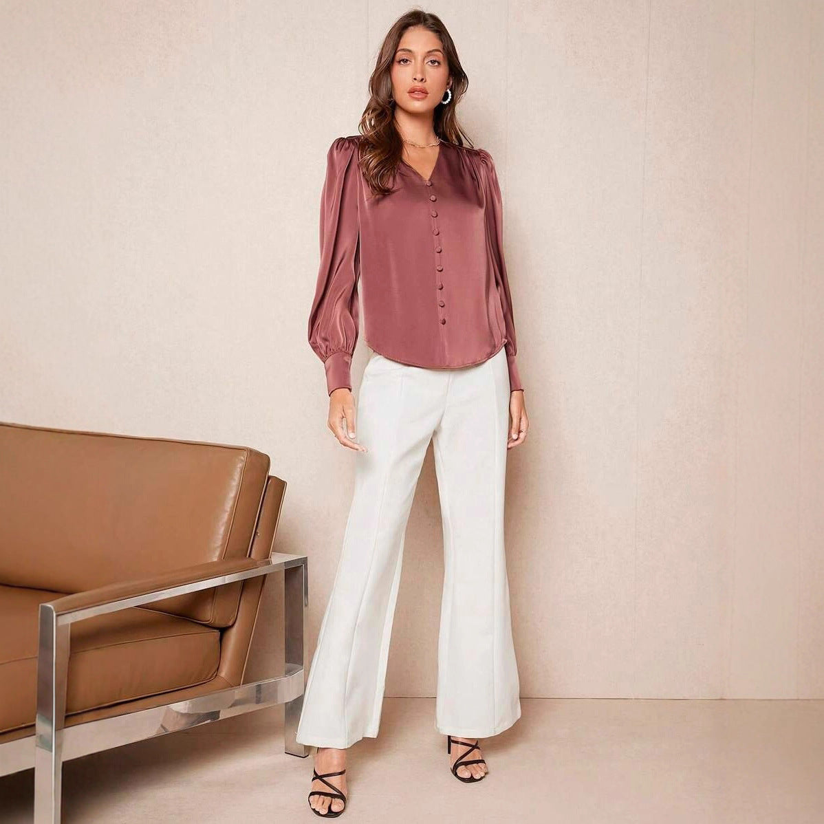 Women's New Casual Satin Button V-neck Long Sleeve Top