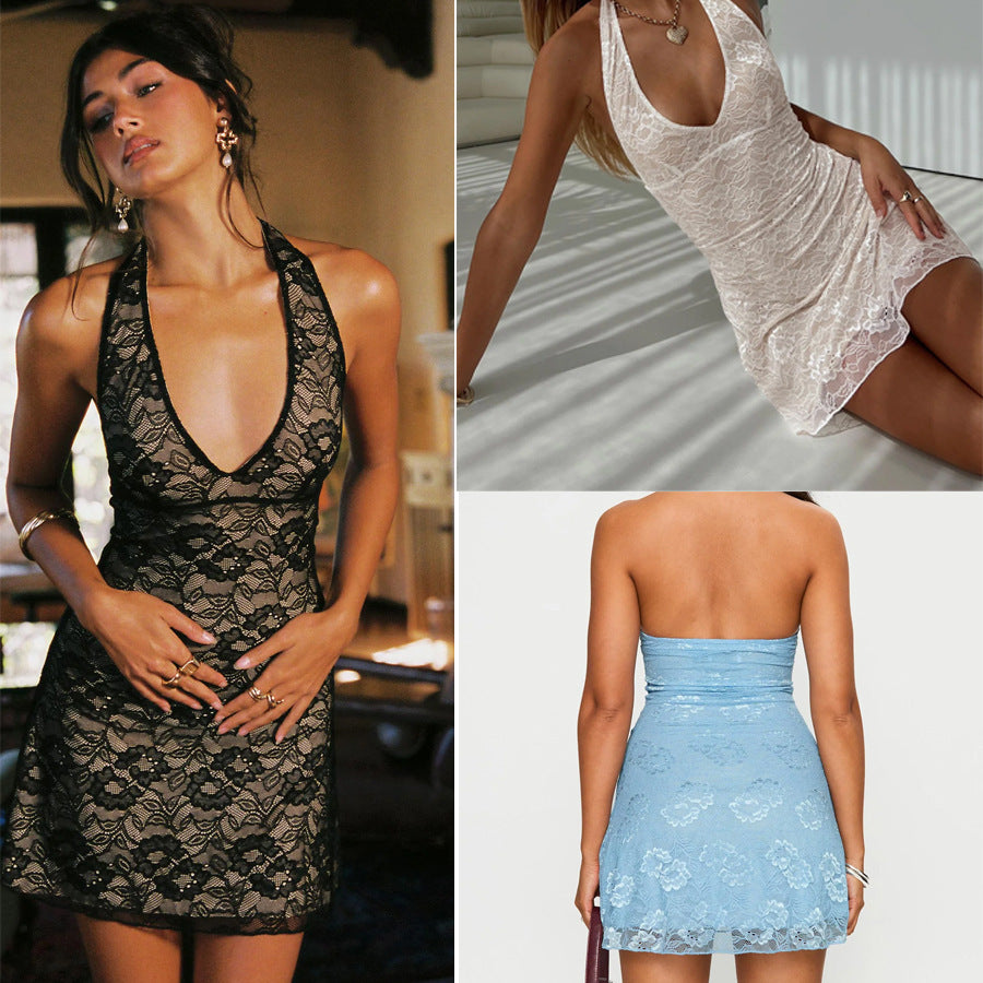 Female Casual Sleeveless Halter Lace Double Layer Dress