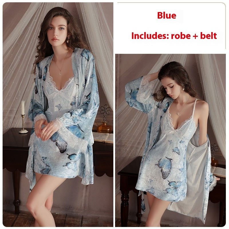 Sweet Butterfly Jacquard Deep V Plus Chest Pad Women's Suspender Nightdress Velvet Outerwear Dress Suit