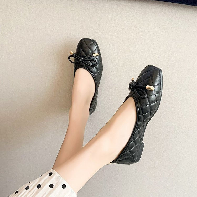 Ladies New Bow Flat Bottom Square Toe Soft Bottom Pumps