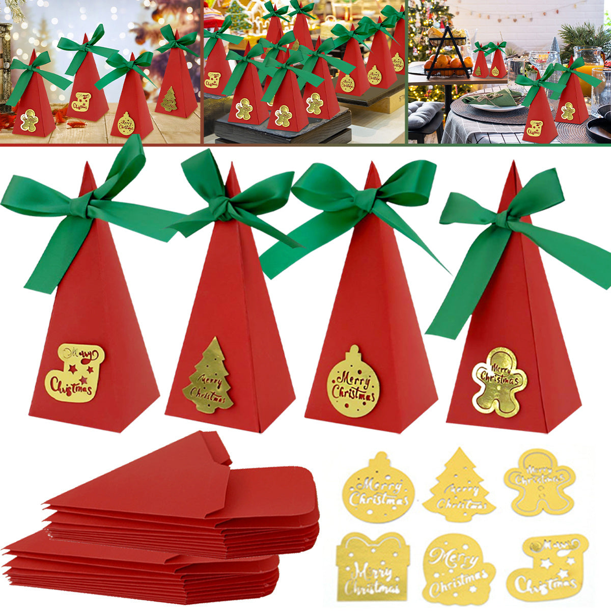 20 Packs Christmas Treat Boxes Goody Boxes Pre-Assembled Triangle Christmas Packing Box Christmas Tree Socks Gold Card Xtmas Cookie Gift Box For Christmas Birthday Wedding Party