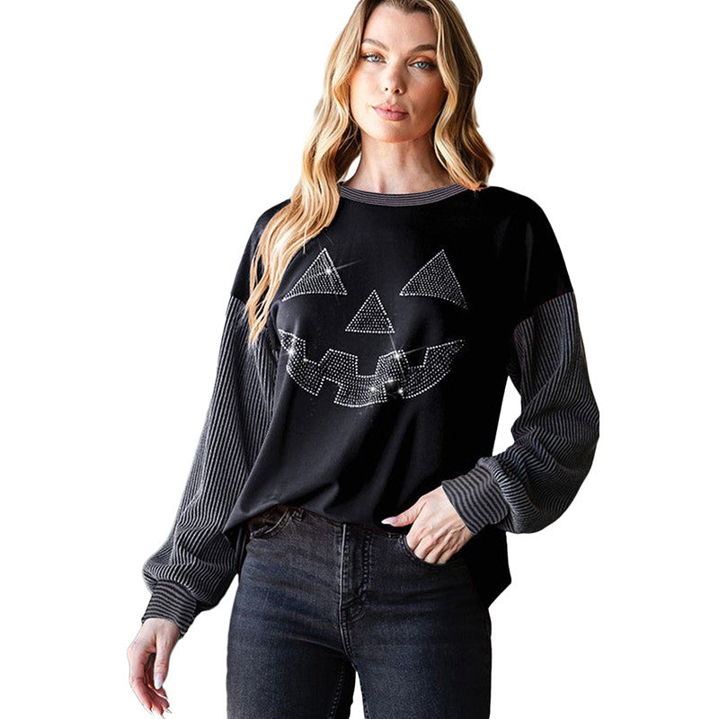 Pullover Crew Neck Personality Trendy Rhinestone Stitching Halloween Sweater