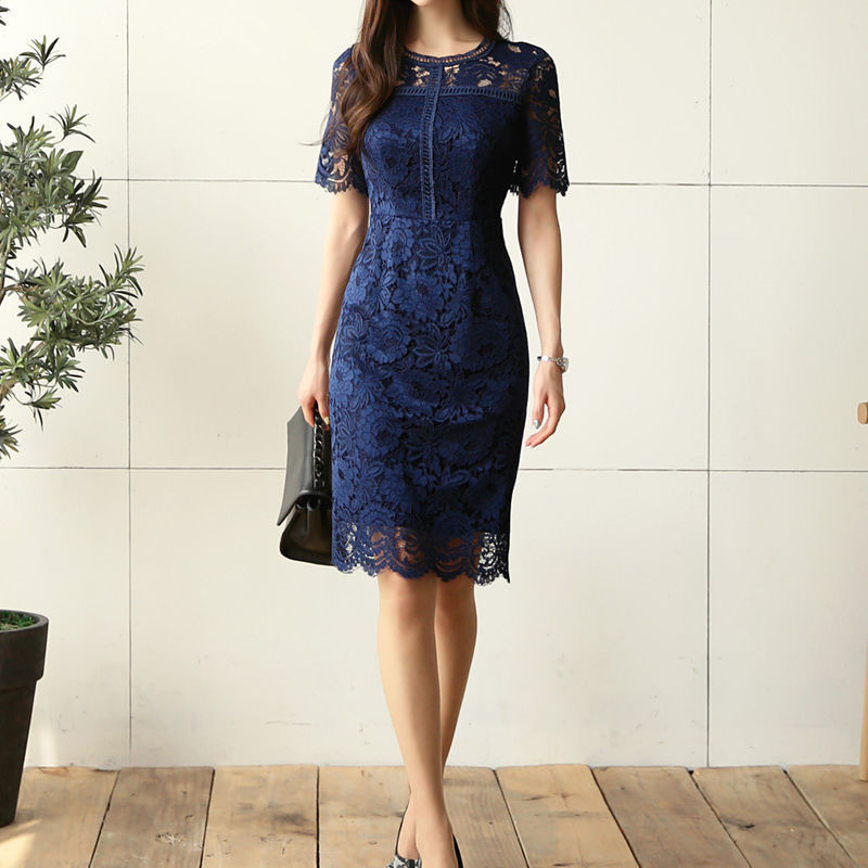 Waist Slimming Temperament Lady Mid-length Lace Dress