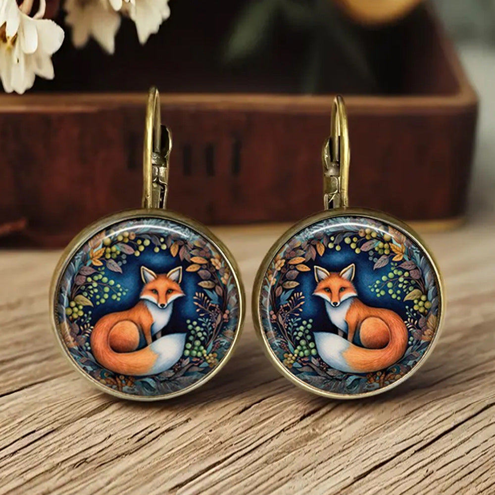Retro Fox Cat Chicken Time Gem Glass Earrings