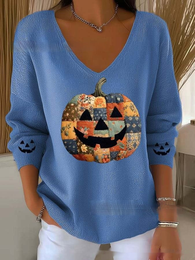 Women's Halloween Women's Printed Wear V-neck Imitation Sweater